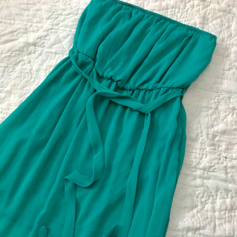 Green strapless mini dress with chiffon overlay